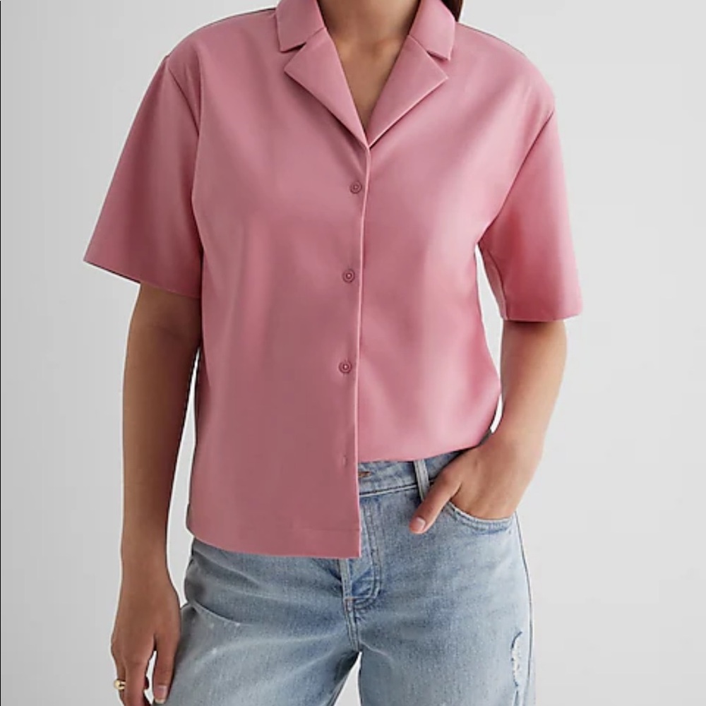 Faux Leather Button Up Boxy Shirt Pink Express